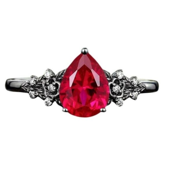 Pear Cut Ruby and Moissanite 2 piece Engagement Wedding Ring Set in Rhodium - Picture 4 of 6
